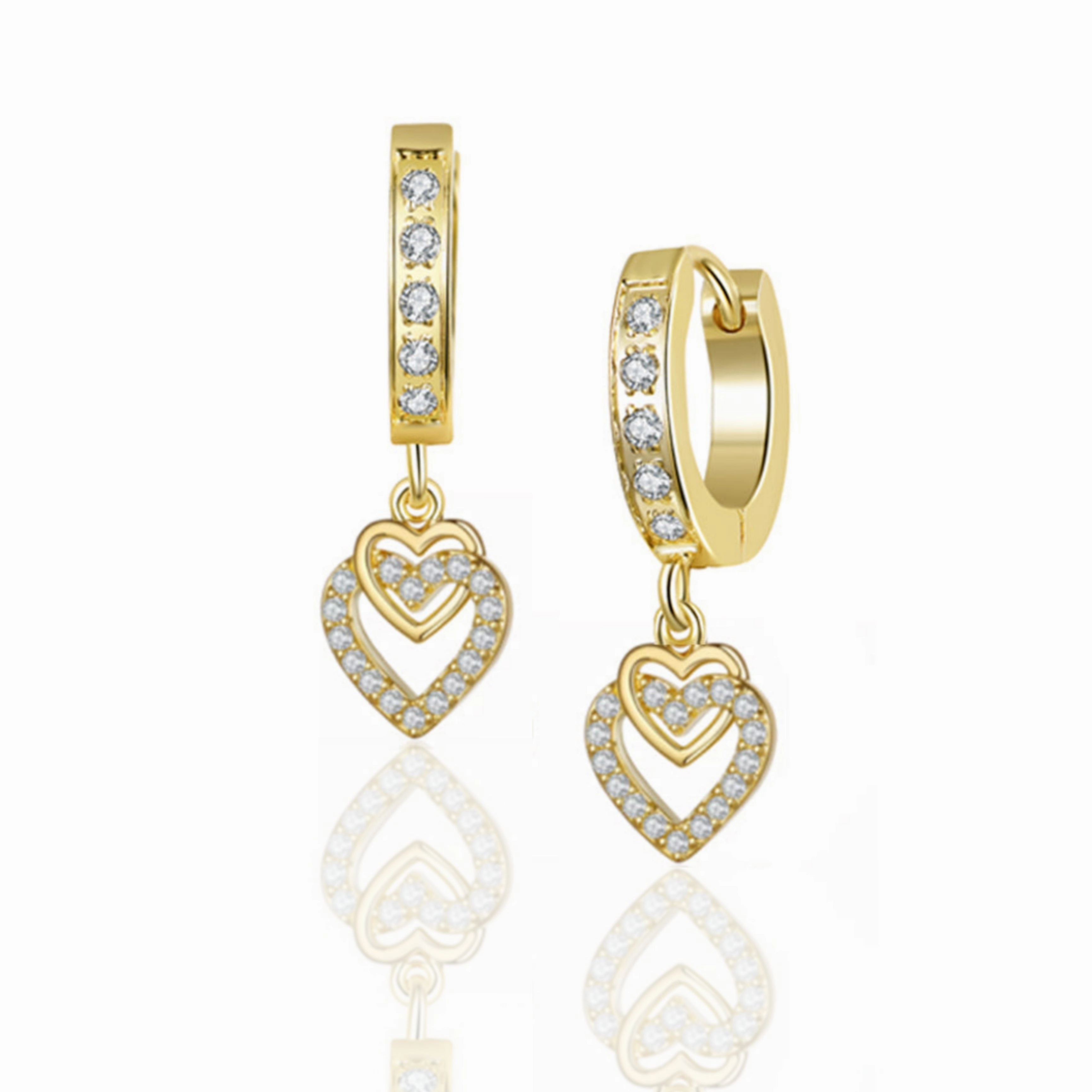 Gold Plated Surgical Steel CZ Interlocking Vertical Hearts Earrings Bold Layering Elegant Contour
