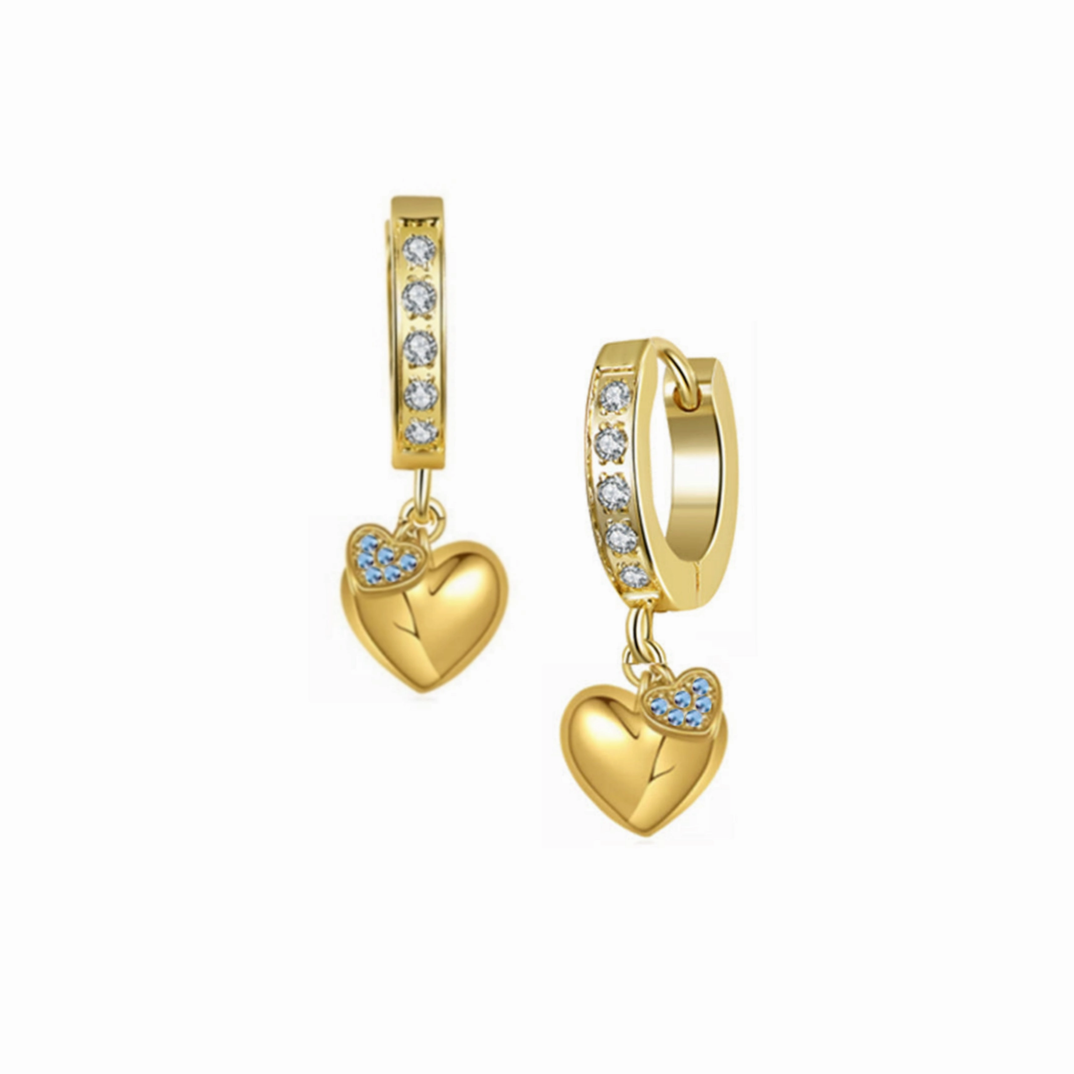 Textured Finish Dazzling Highlight Gold Plated Surgical Steel CZ Puffy and Small CZ Hearts Earrings