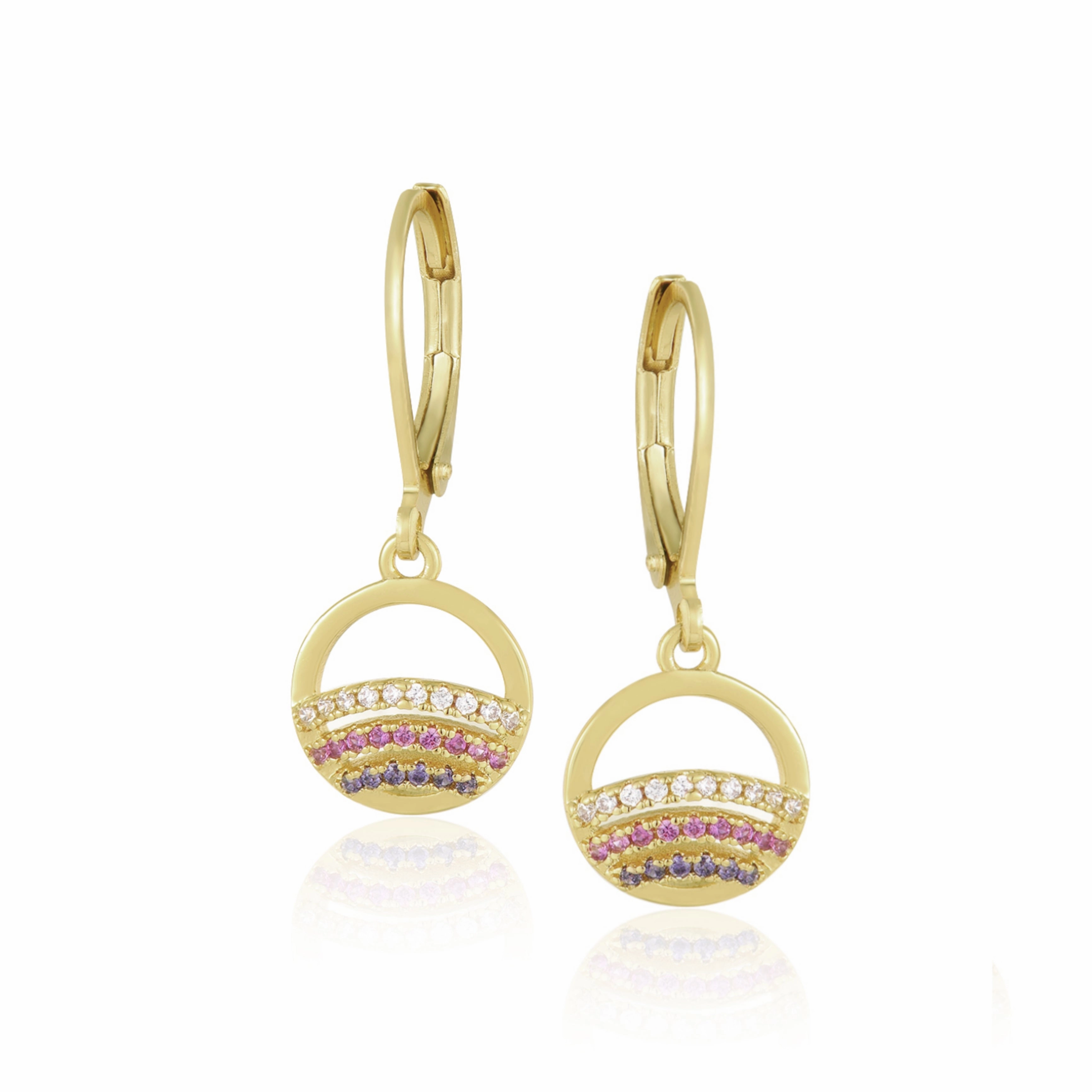 Contemporary Edge Stylish Look Gold Plated Surgical Steel CZ Rainbow in Circle Earrings