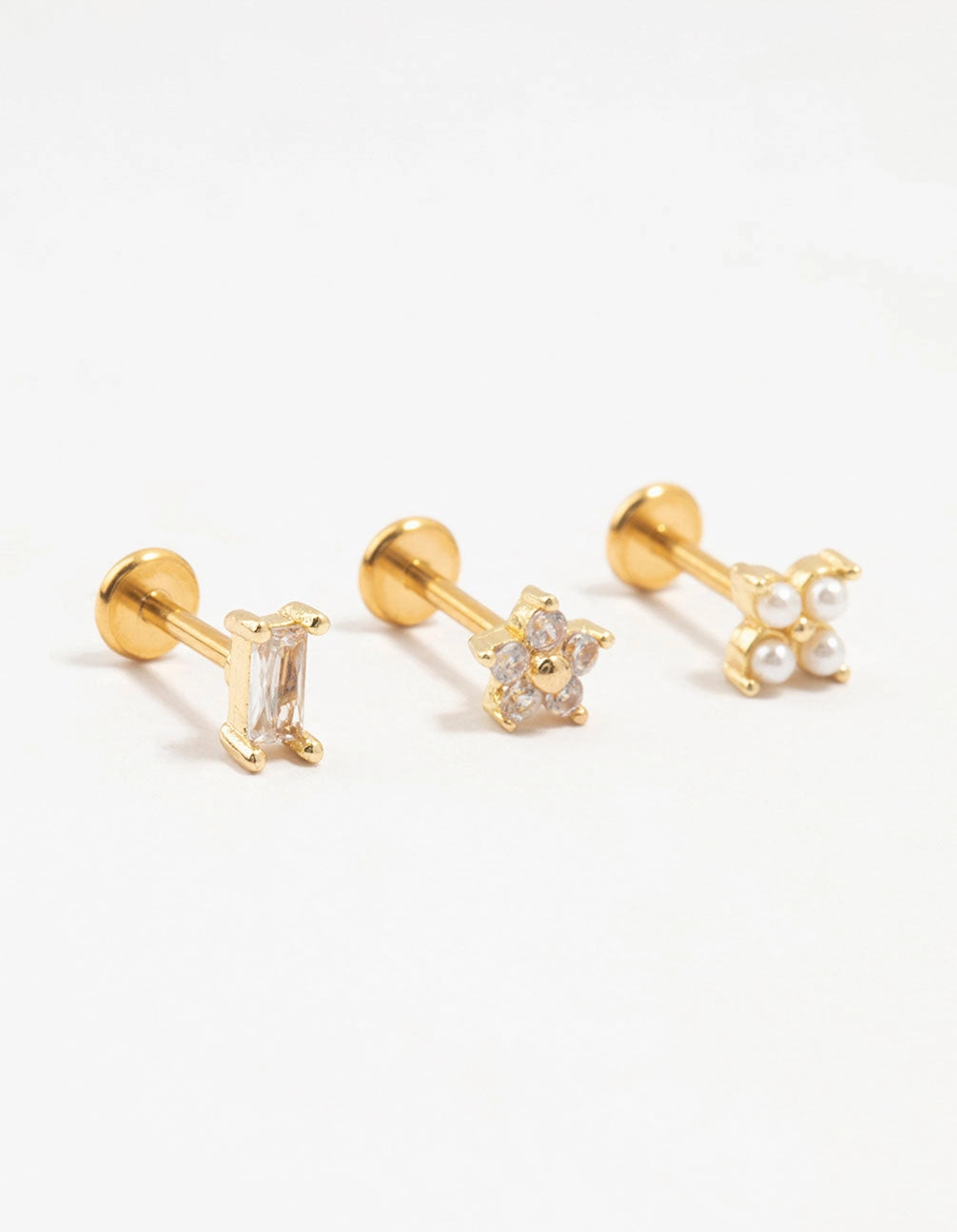 Radiant Embellishments Gold Plated Surgical Steel Flower & Baguette Flat Backs 3-Pack