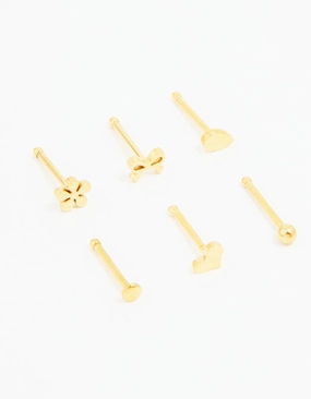 Precious Shine Handcrafted Jewelry Gold Plated Surgical Steel Heart, Bow & Flower Nose Stud 6-Pack