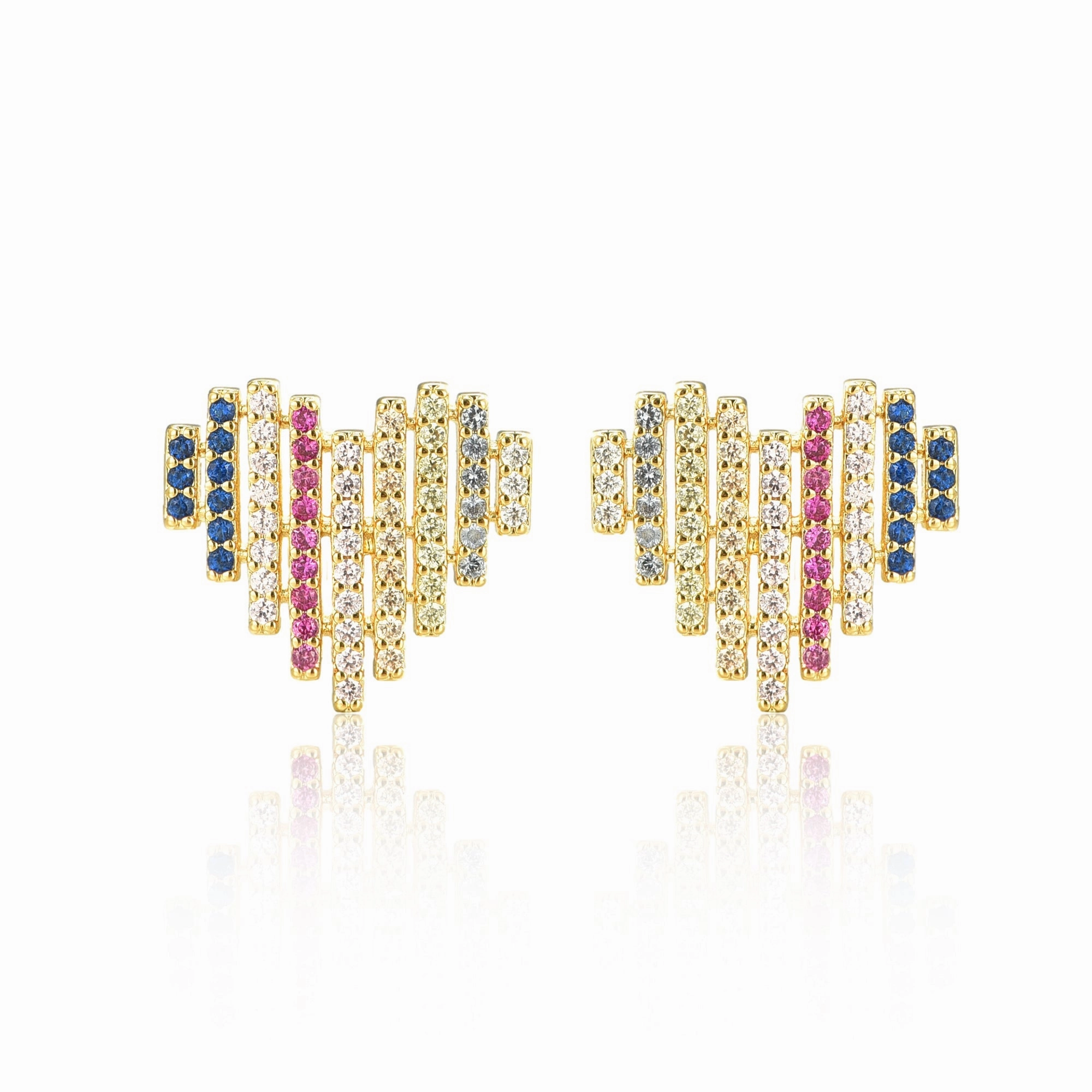 Gold-Plated Surgical Steel Multicolor Striped Heart Stud Earrings Dazzling Effect Sleek Glamour