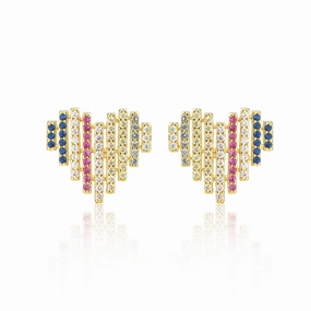 Gold-Plated Surgical Steel Multicolor Striped Heart Stud Earrings Dazzling Effect Sleek Glamour