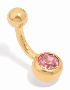Vibrant Spark Exclusive Jewelry Gold Plated Surgical Steel Pink Diamante Drop Belly Bar