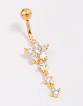 Feminine Accent Impeccable Form Gold Plated Titanium Cubic Zirconia Flower Belly Bar