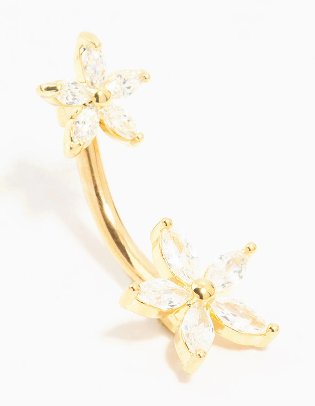 Gold Plated Titanium Double Diamante Daisy Belly Bar Starry Look