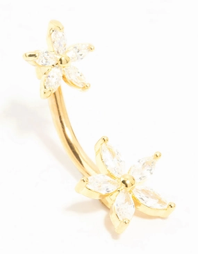Gold Plated Titanium Double Diamante Daisy Belly Bar Starry Look