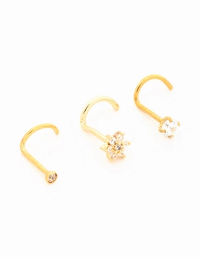 Dazzling Sparkle Gold Plated Titanium Threadless Flower Triangular Nose Studs 3-Pack