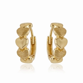 Timeless Finish Gleaming Detail Gold Small Round Brushed and Shiny Hearts Hoop Earrings