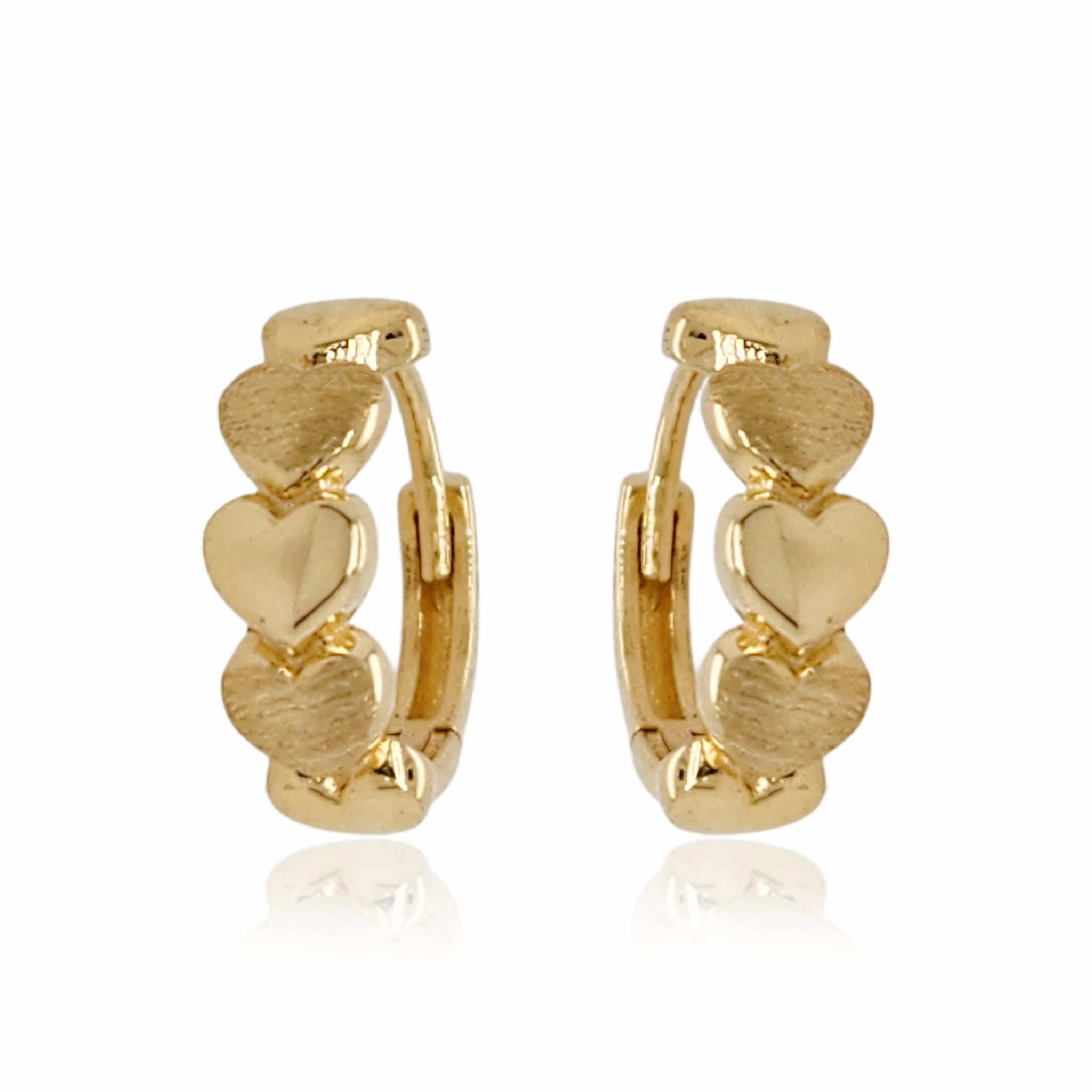 Timeless Finish Gleaming Detail Gold Small Round Brushed and Shiny Hearts Hoop Earrings