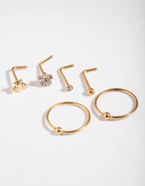 Creative Edge Radiant Glam Gold Surgical Steel Flower & Bee Nose Stud 6-Pack