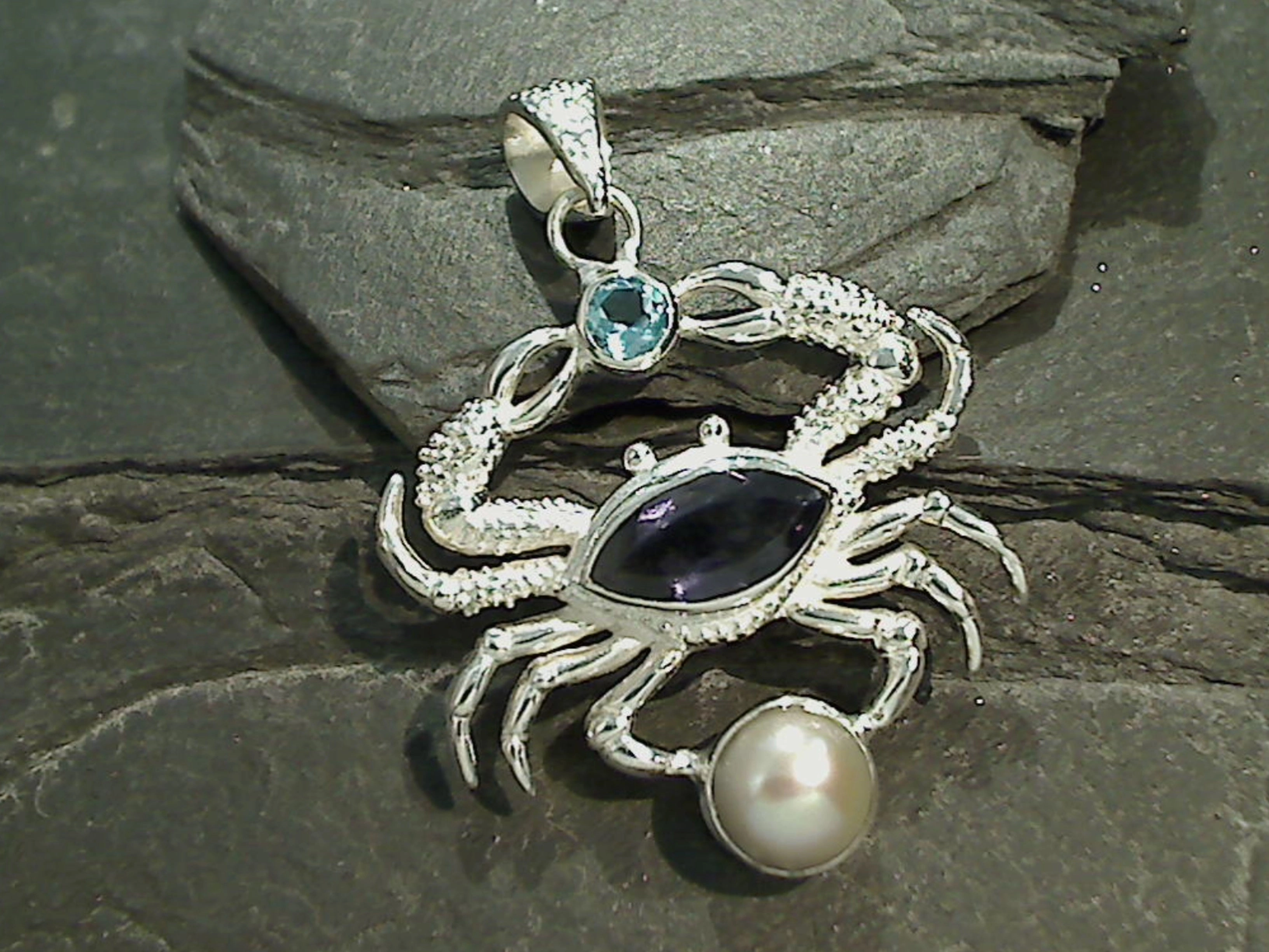 Topaz, Iolite, Pearl, Sterling Silver Pendant Romantic Gift Date Look