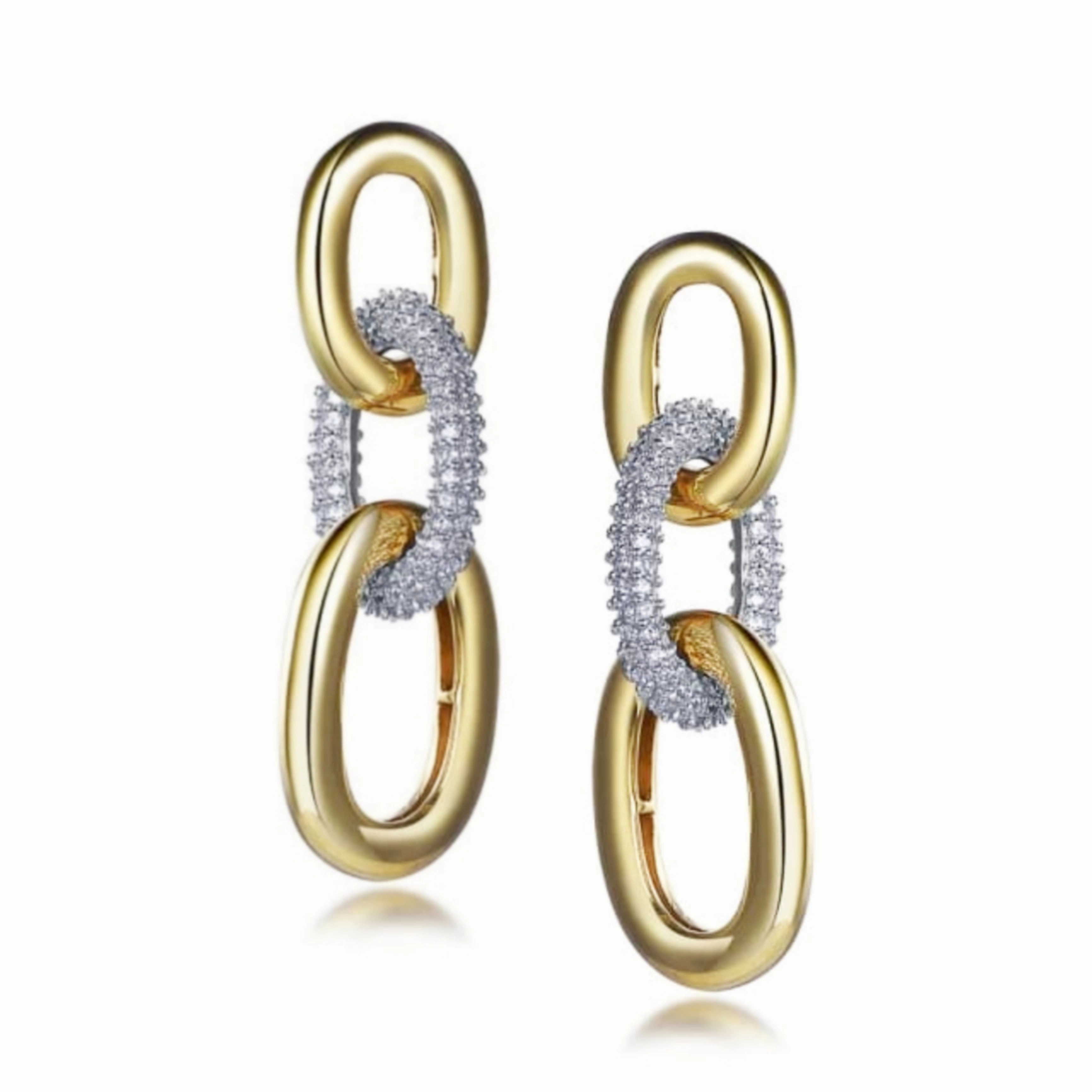 Signature Edge Gold Plated Sterling Silver Micropave 3 Oval Link Earrings