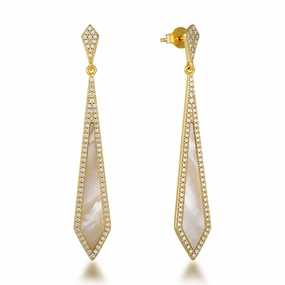 Sterling Silver Dangling Kite Shaped Mother of Pearl with Micropave Border Earrings Gleaming Sparkle