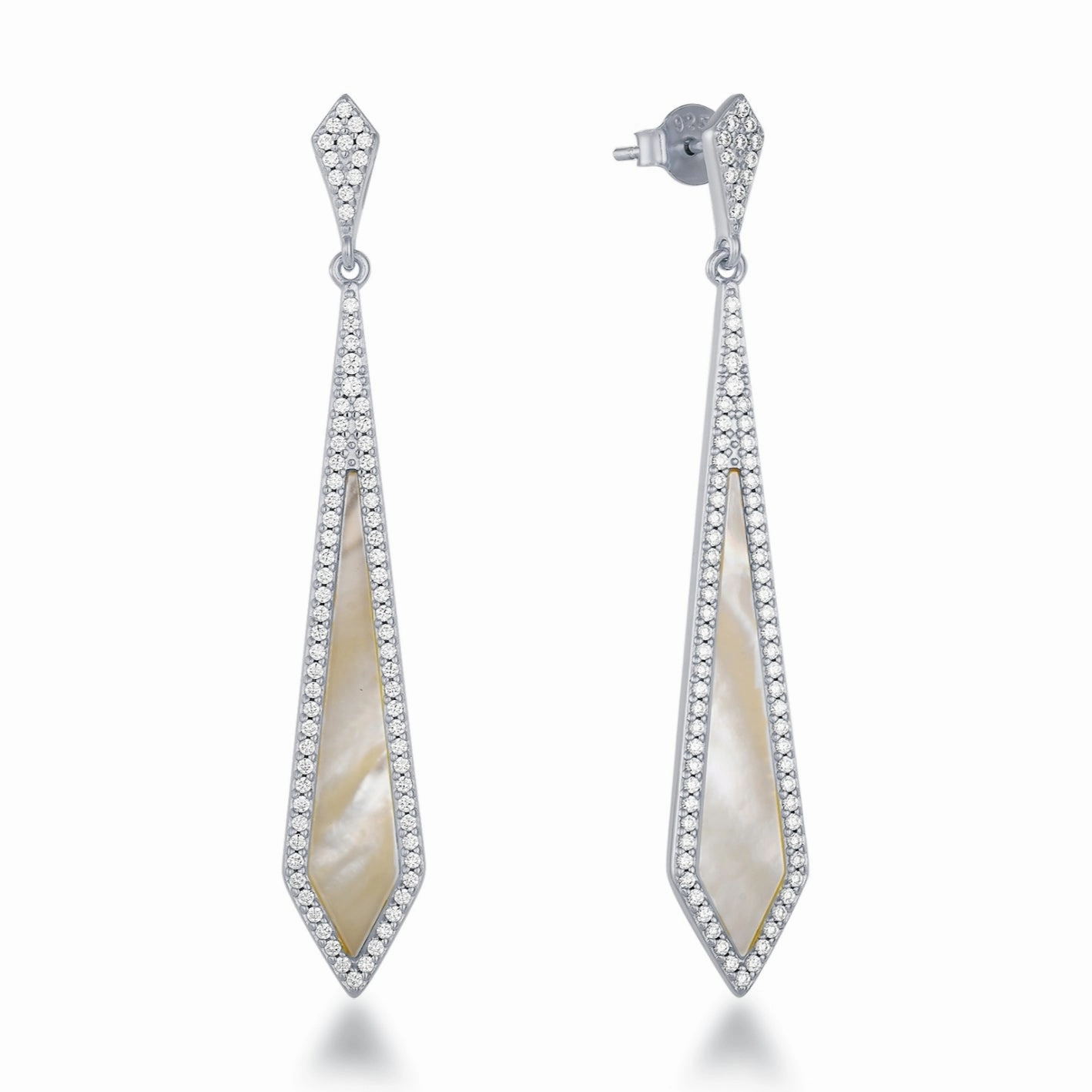 Impressive Finish Sterling Silver Dangling Kite Shaped Mother of Pearl with Micropave Border Earrings