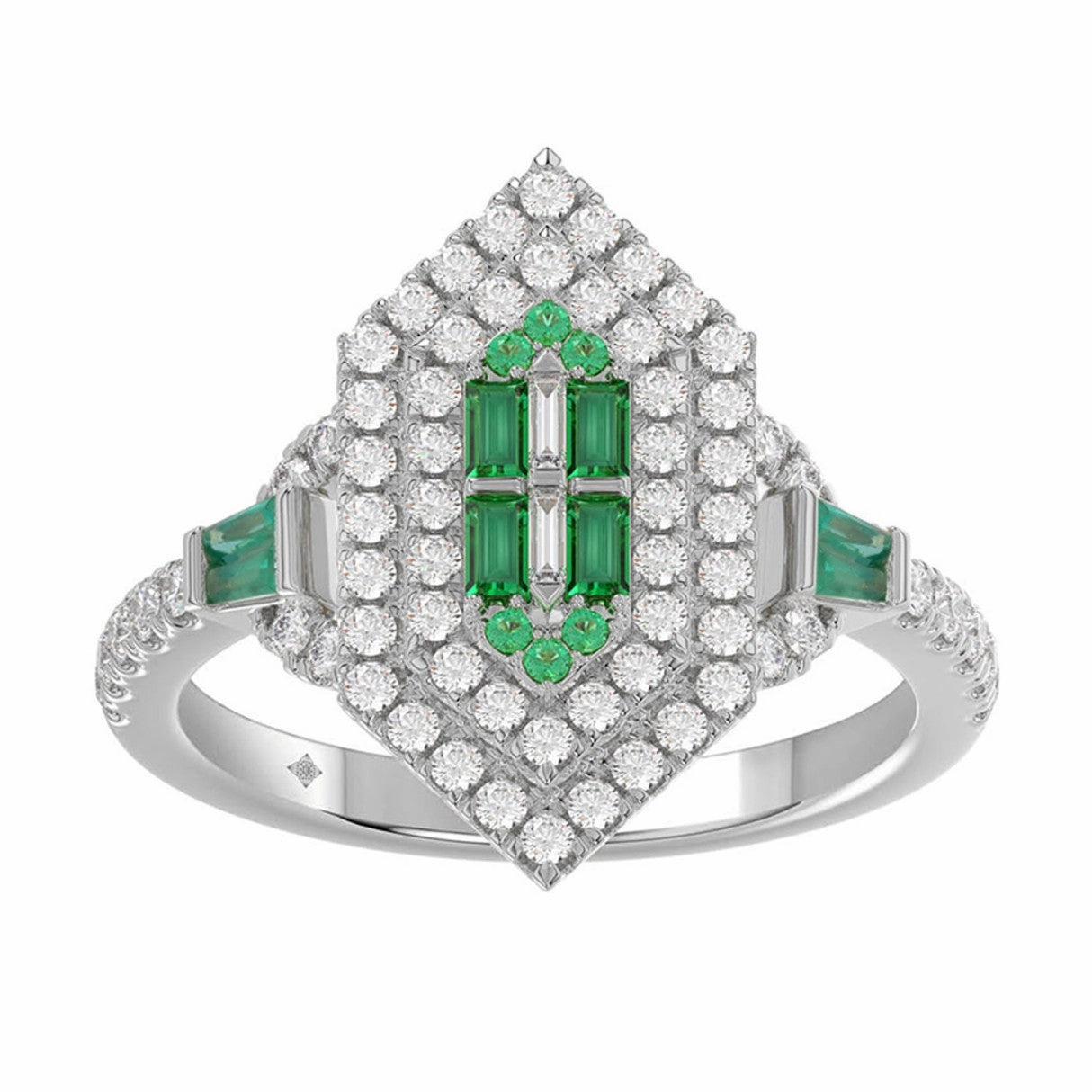 Camera Glow Chic Shape 14K WHITE GOLD 1 1/6CT ROUND/BAGUETTE/EMERALD DIAMOND LADIES RING (GREEN EMERALD BAGUETTE DIAMOND 1/6CT)