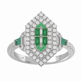 Camera Glow Chic Shape 14K WHITE GOLD 1 1/6CT ROUND/BAGUETTE/EMERALD DIAMOND LADIES RING (GREEN EMERALD BAGUETTE DIAMOND 1/6CT)