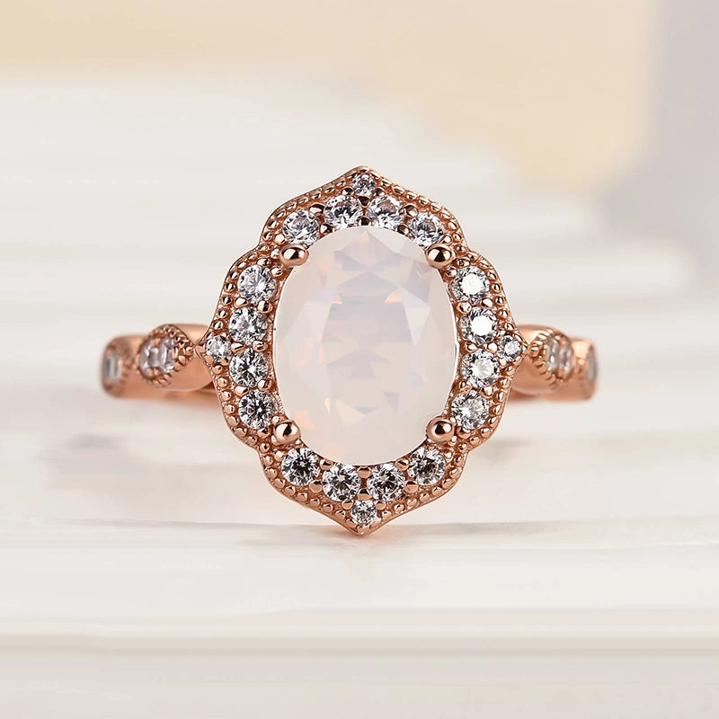 Artisan Touch Sturdy Embellishment Louily Rose Gold Oval Cut Moonstone Engagement Ring In Sterling Silver