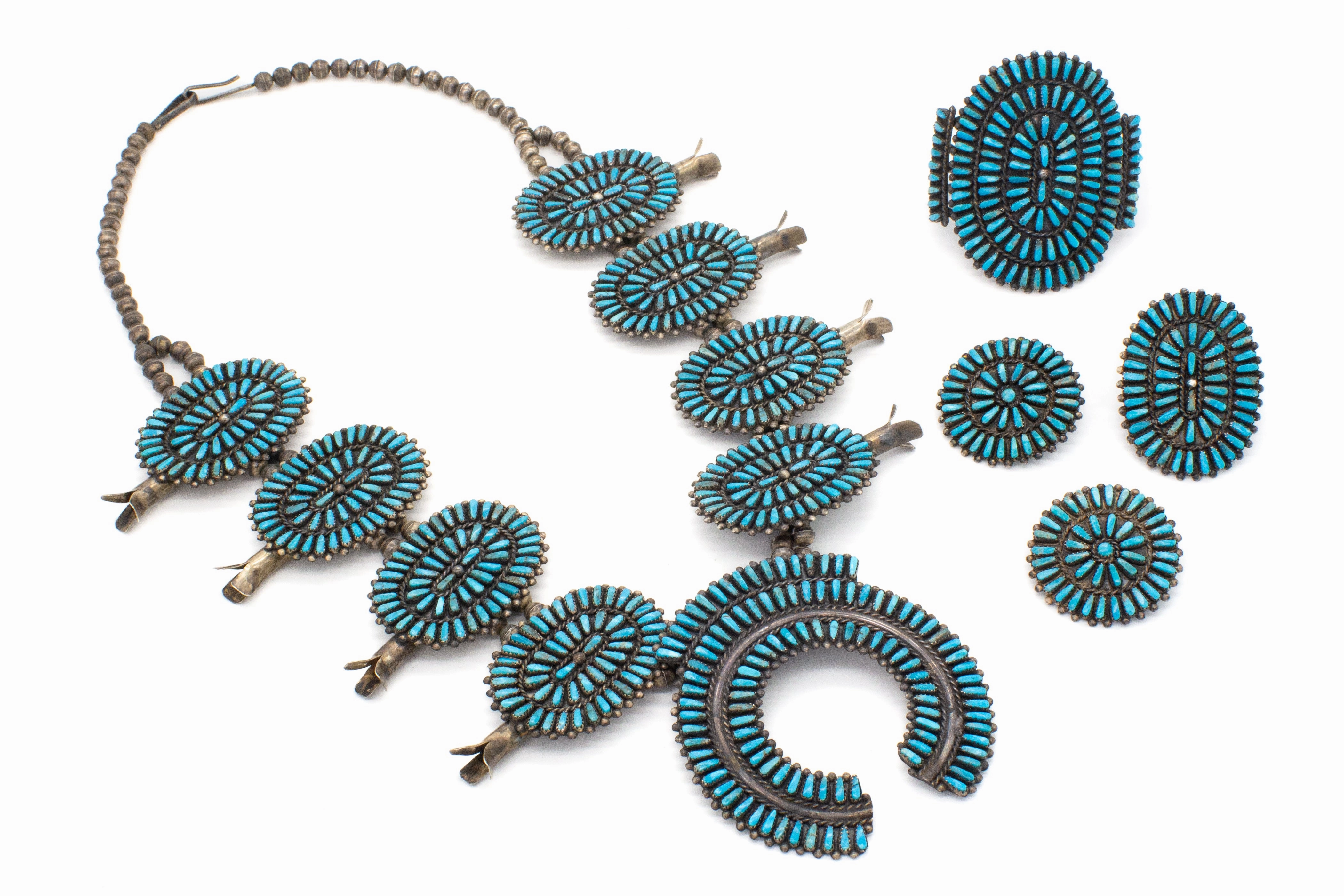 Glow Look Shiny Style Hallmark V Vintage Handmade Sterling Silver Turquoise Squash Blossom 4pc Set