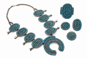 Glow Look Shiny Style Hallmark V Vintage Handmade Sterling Silver Turquoise Squash Blossom 4pc Set