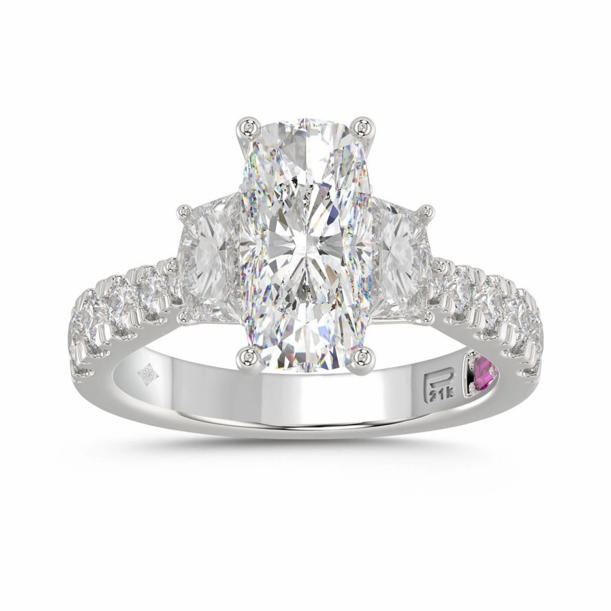 LADIES RING 3.33CT ROUND/CUSHION/BAGUETTE DIAMOND WHITE PLATINUM (CENTER STONE CUSHION DIAMOND 2CT) Highlight Accent Artisan Highlight