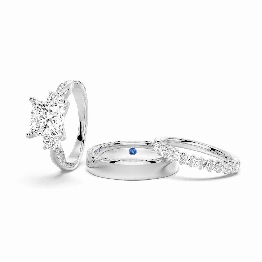 Twist Princess Cut Moissanite Couple's Ring Set with Men's Wedding Band Vibe Piece