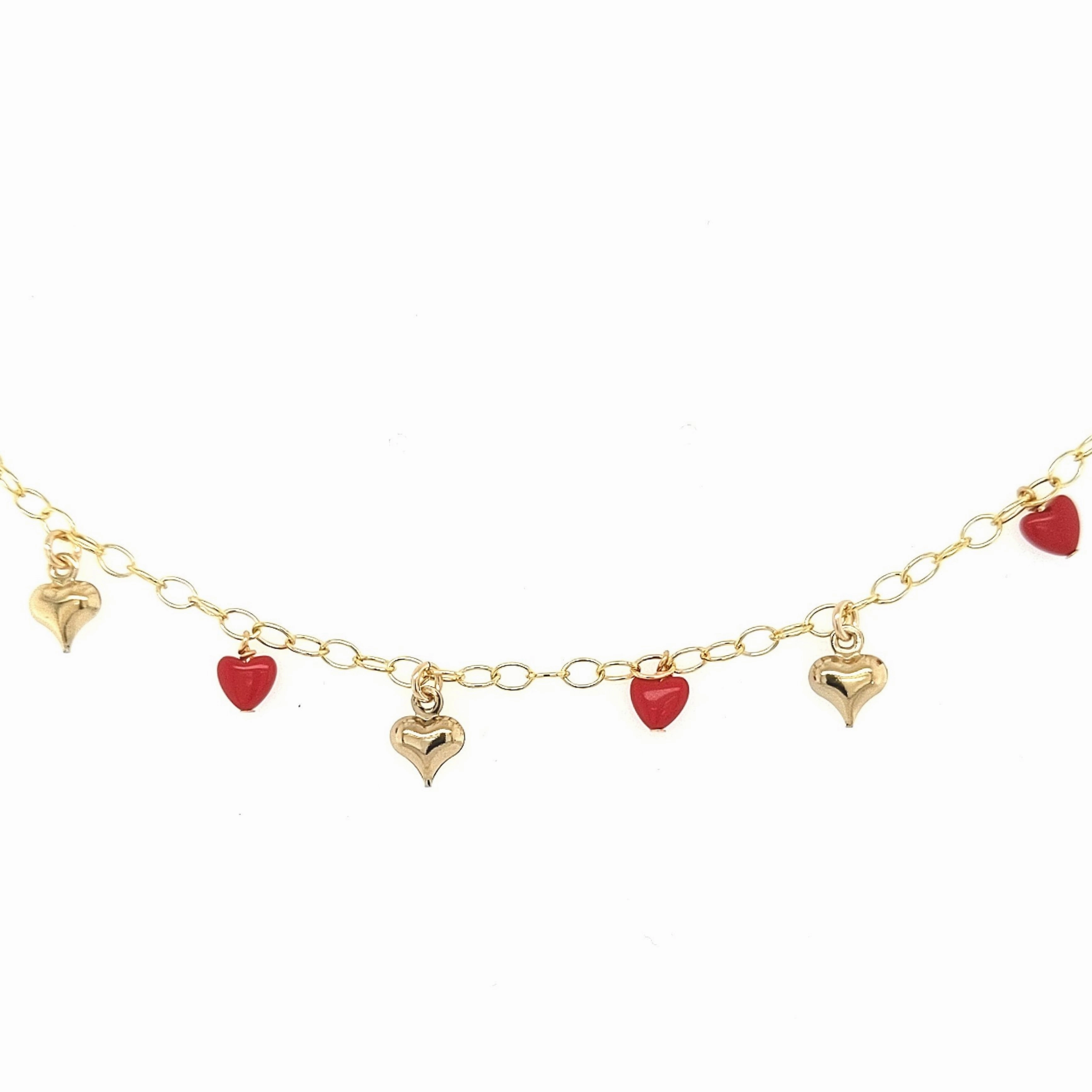 Bridal Accessory Graceful Look Gold Filled Chain With Alternating Small Puffy Gold and Red Hearts Bracelet