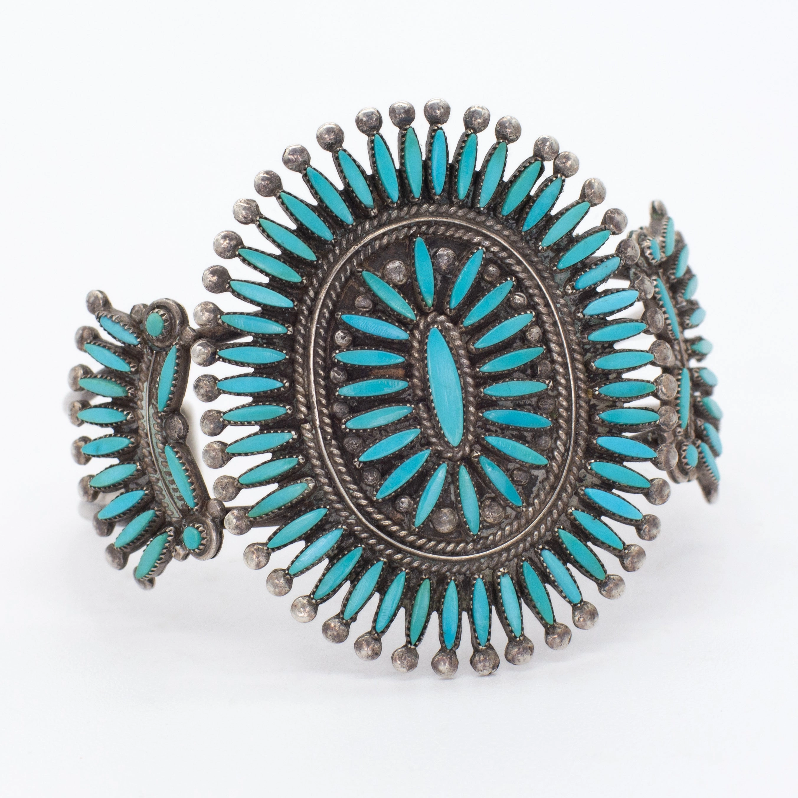 Handmade Sterling Silver Turquoise Needlepoint Cuff Bracelet (Hallmark Unknown) Bold Pieces Opulent Glow