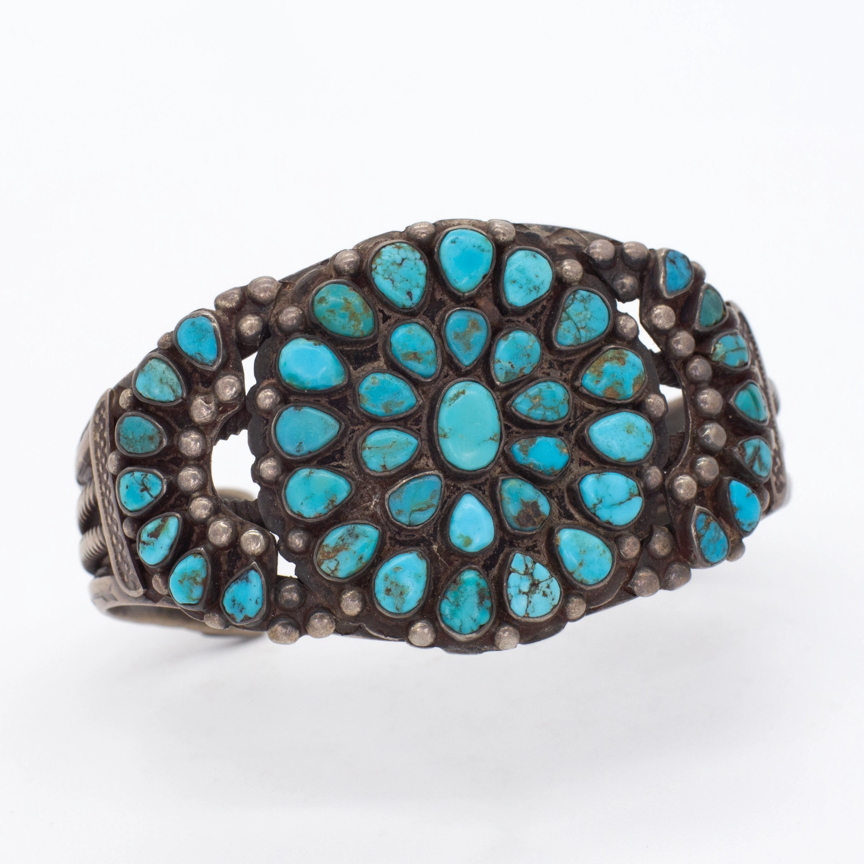 Premium Shine Handmade Sterling Silver Turquoise Petit Point Cluster Cuff Bracelet (Hallmark Unknown)