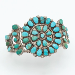 Handmade Sterling Silver Turquoise Petit Point Cluster Cuff Bracelet (Hallmark Unknown) Vivid Accent