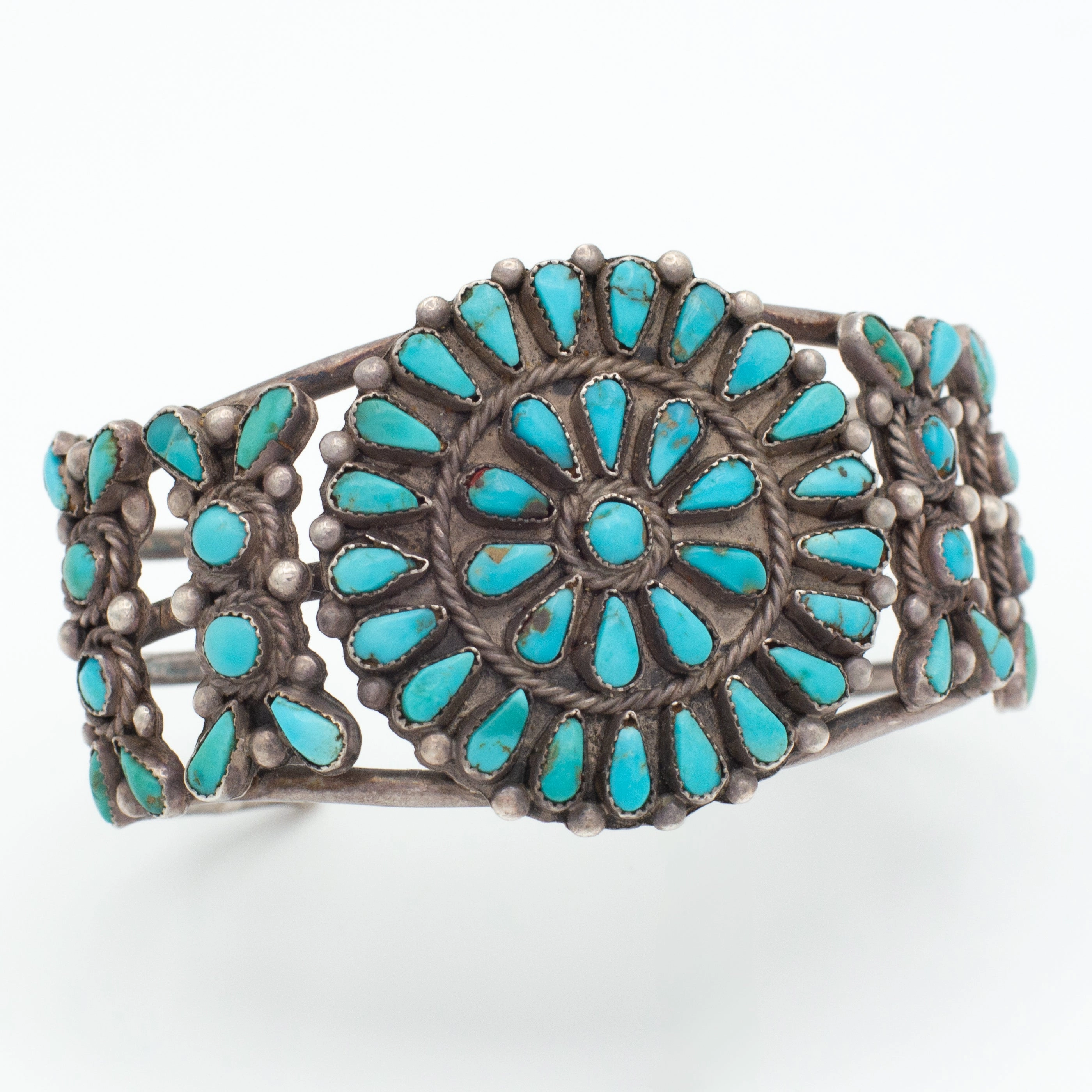 Stylish Sparkle Neat Detail Handmade Sterling Silver Turquoise Petit Point Cuff Bracelet (Hallmark Unknown)