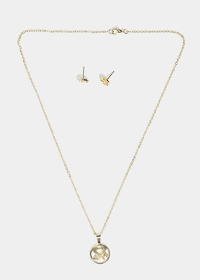 date night look Heart & "LOVE" in Circle Necklace with Stud Earrings