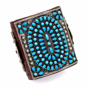 Hemerson Brown Navajo Handmade Sterling Silver Sleeping Beauty Turquoise Leather Bow Guard Iconic design Cozy Layers