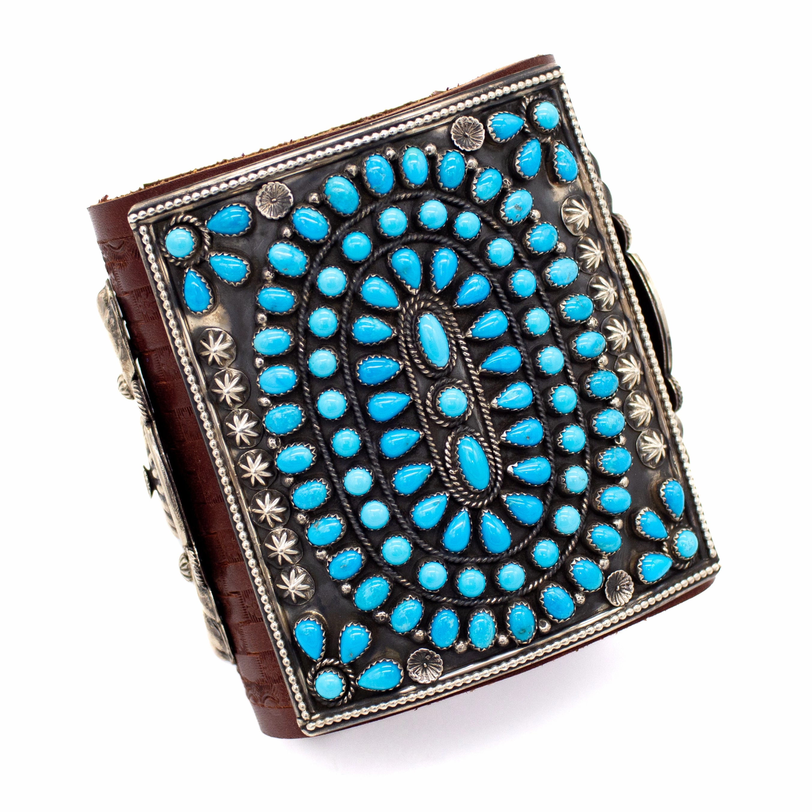 Hemerson Brown Navajo Handmade Sterling Silver Sleeping Beauty Turquoise Leather Bow Guard Iconic design Cozy Layers
