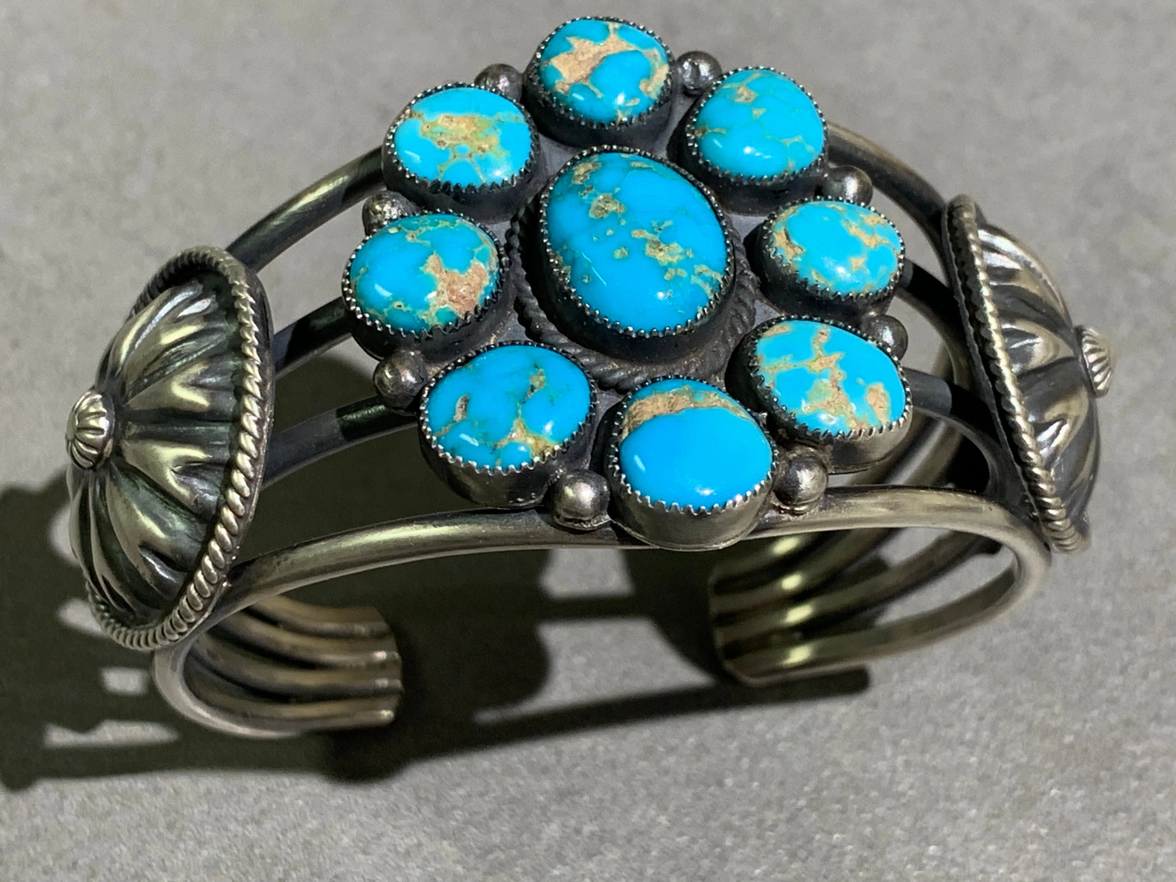 Classic Detail Hemerson Brown Navajo Turquoise Cluster Sterling Silver Cuff