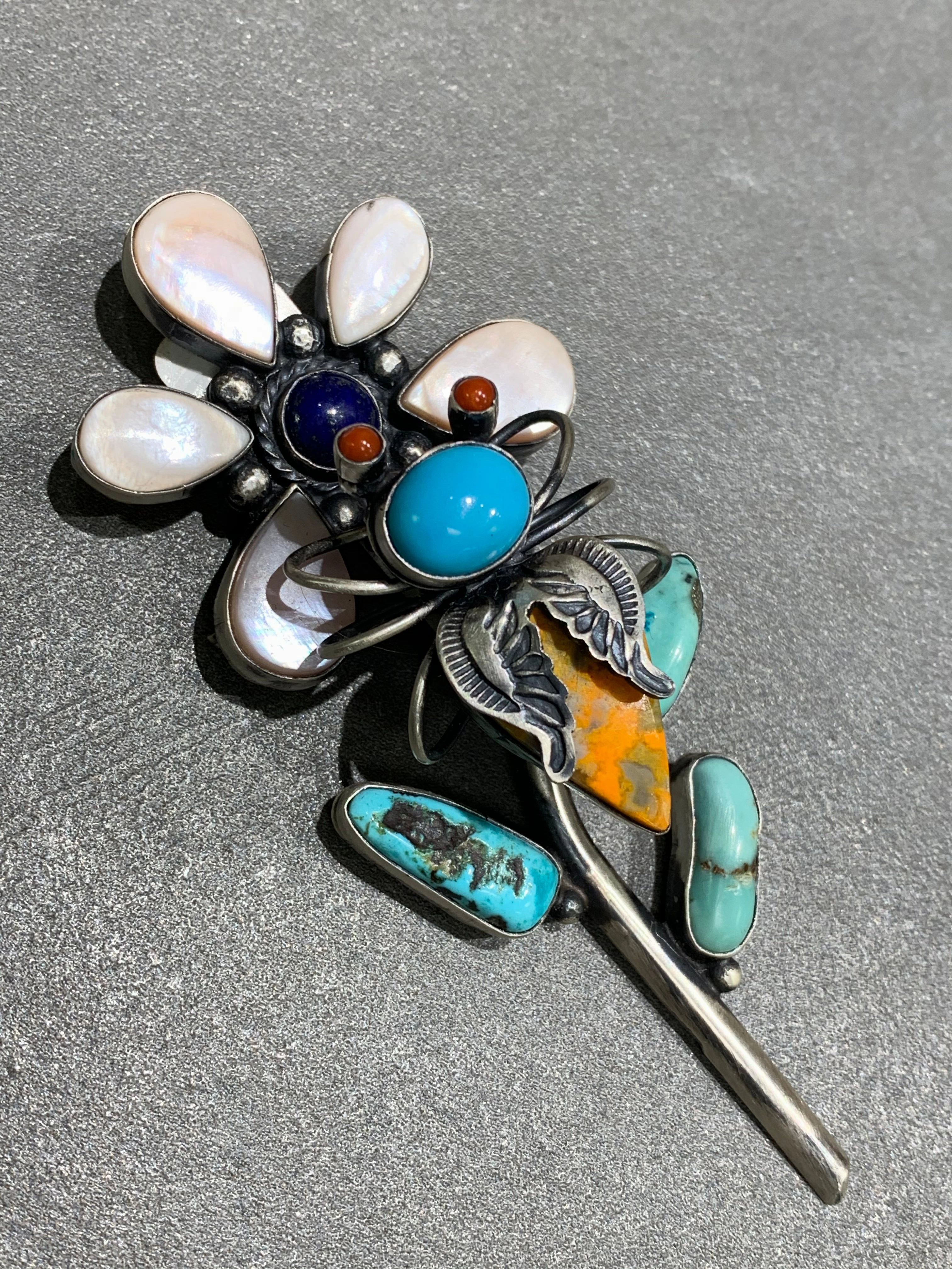 Delicate Beauty Modern Statement Herbert Ration Navajo Sterling Silver Spiny Oyster Turquoise Flower Pin/pendant Handmade Native American