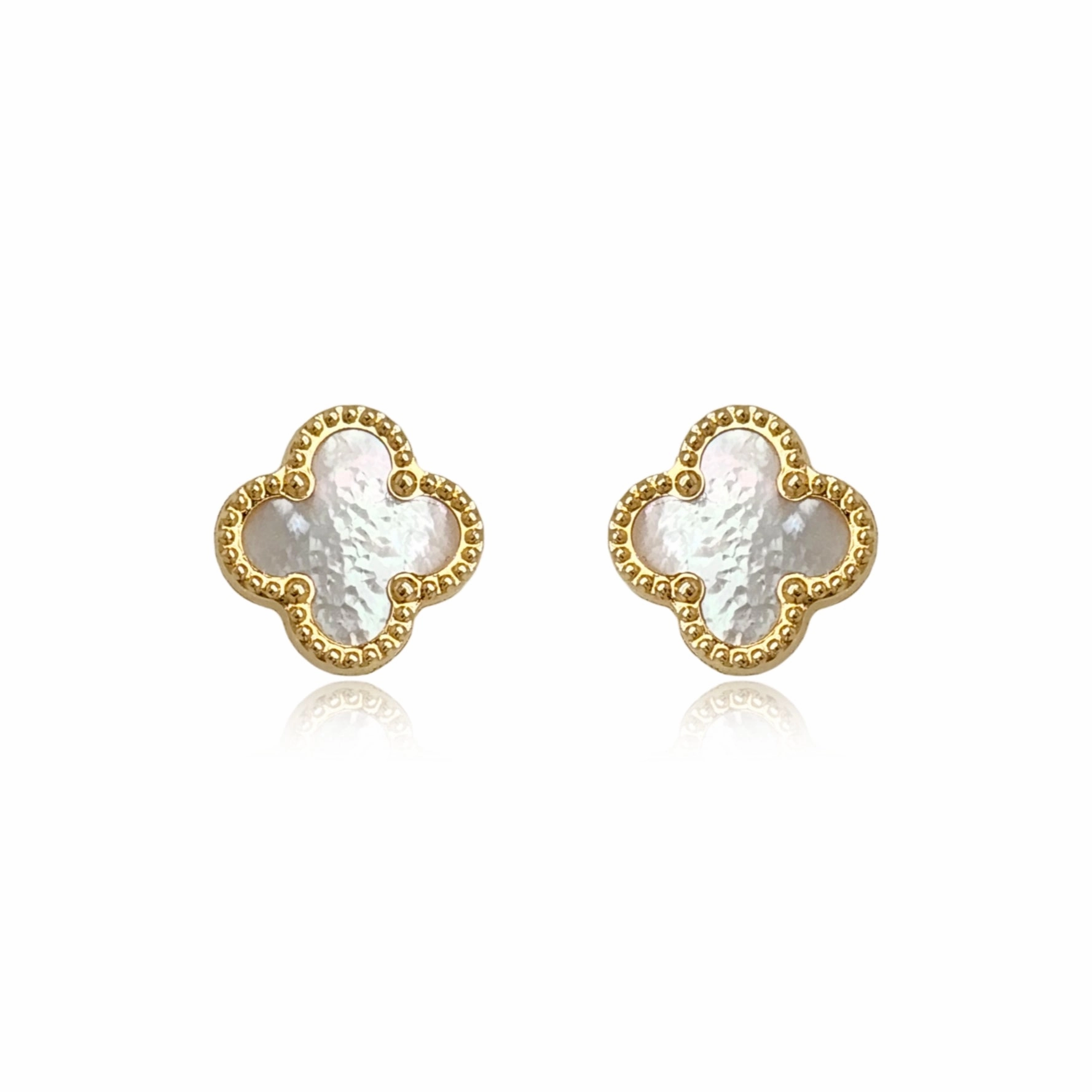 14k Gold Mother of Pearl Clover Stud Earrings with Beaded Border Layered Elegance