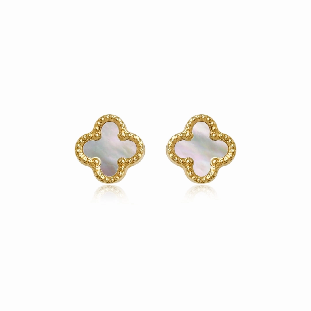14k Gold Mother of Pearl Clover Stud Earrings with Beaded Border Modern Design Elegant Pair