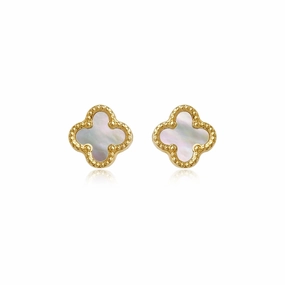 14k Gold Mother of Pearl Clover Stud Earrings with Beaded Border Modern Design Elegant Pair