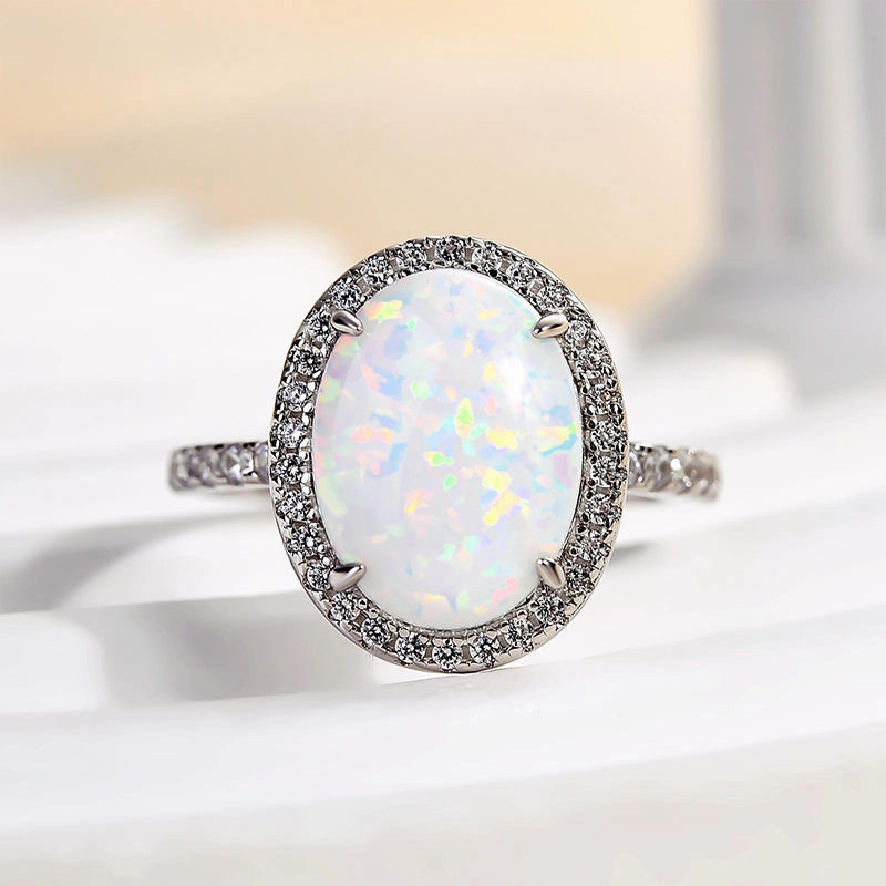 Exquisite Style Louily Unique Opal Stone Halo Oval Cut Engagement Ring