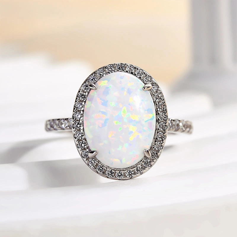 Louily Unique Opal Stone Halo Oval Cut Engagement Ring Elegant Set Occasion Accent