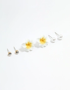 Styled Finish Silver Diamante Pearl & Frangipani Earrings 3-Pack