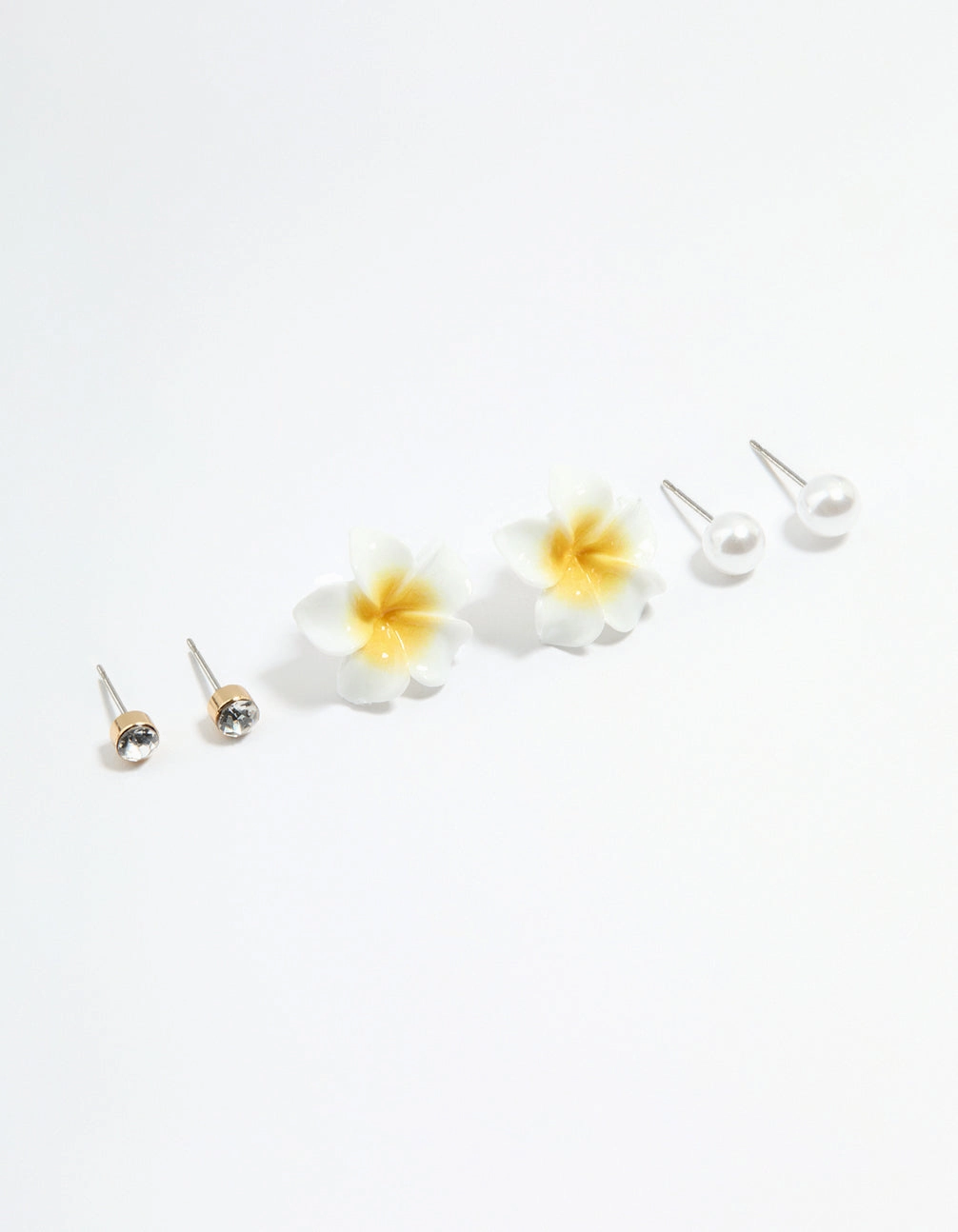 Styled Finish Silver Diamante Pearl & Frangipani Earrings 3-Pack