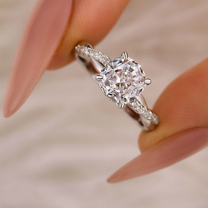 2.0Ct Cushion Cut Twist Engagement Ring Travel Ring In Sterling Silver Value Symbol