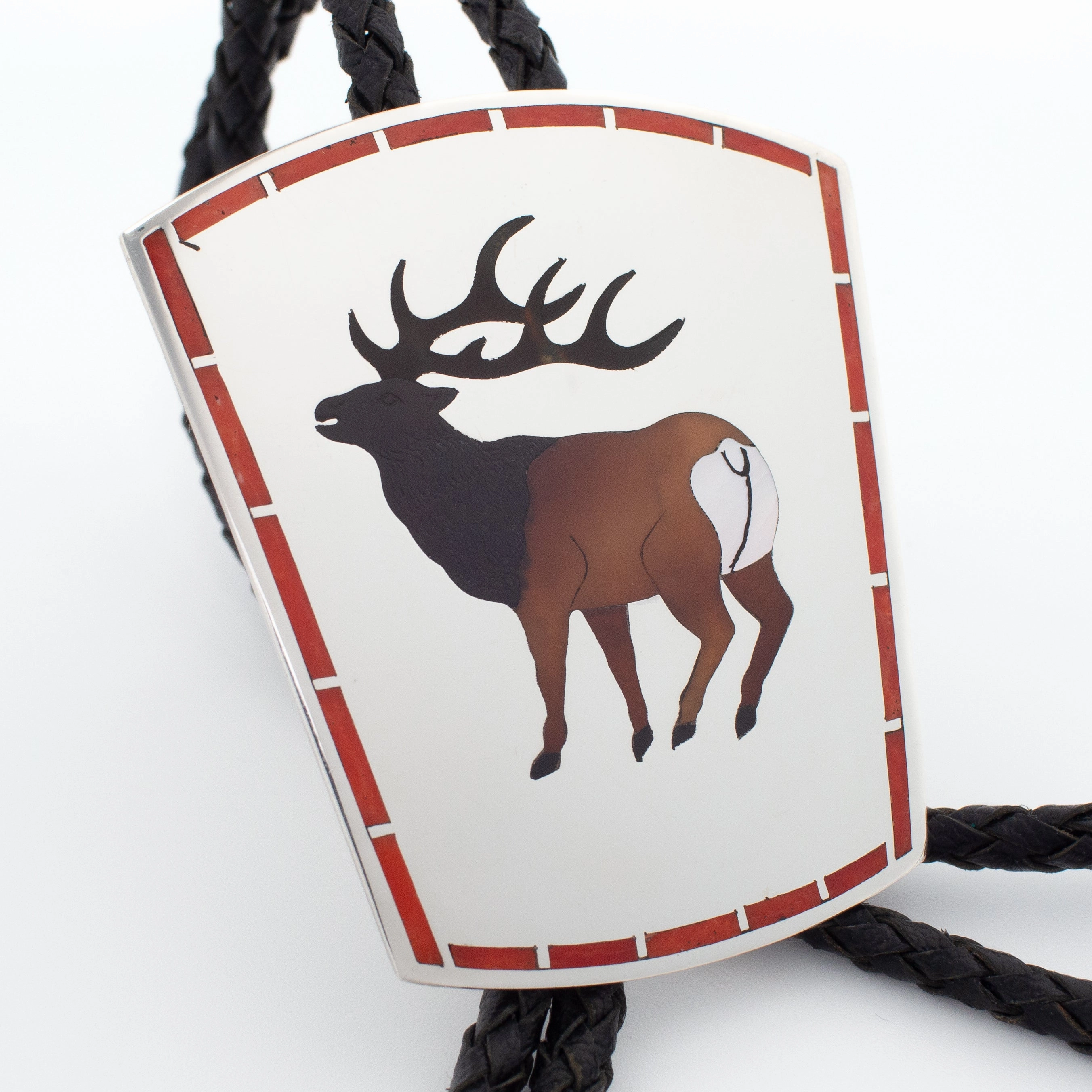 Dennis Edaakie Zuni Handmade Sterling Silver Elk Inlay Bolo Tie Romantic Finish