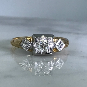 Art Deco Diamond Engagement Ring. 14K Gold. Estate Jewelry. April Birthstone. 10 Year Anniversary. Shiny look