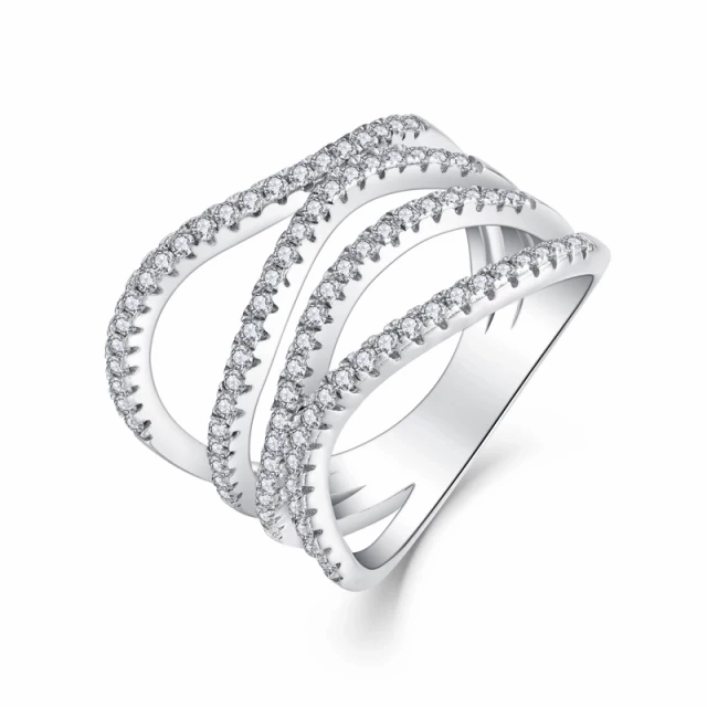 Shimmer Effect Sterling Silver Micropave CZ Quadruple Braid Twisted Ring