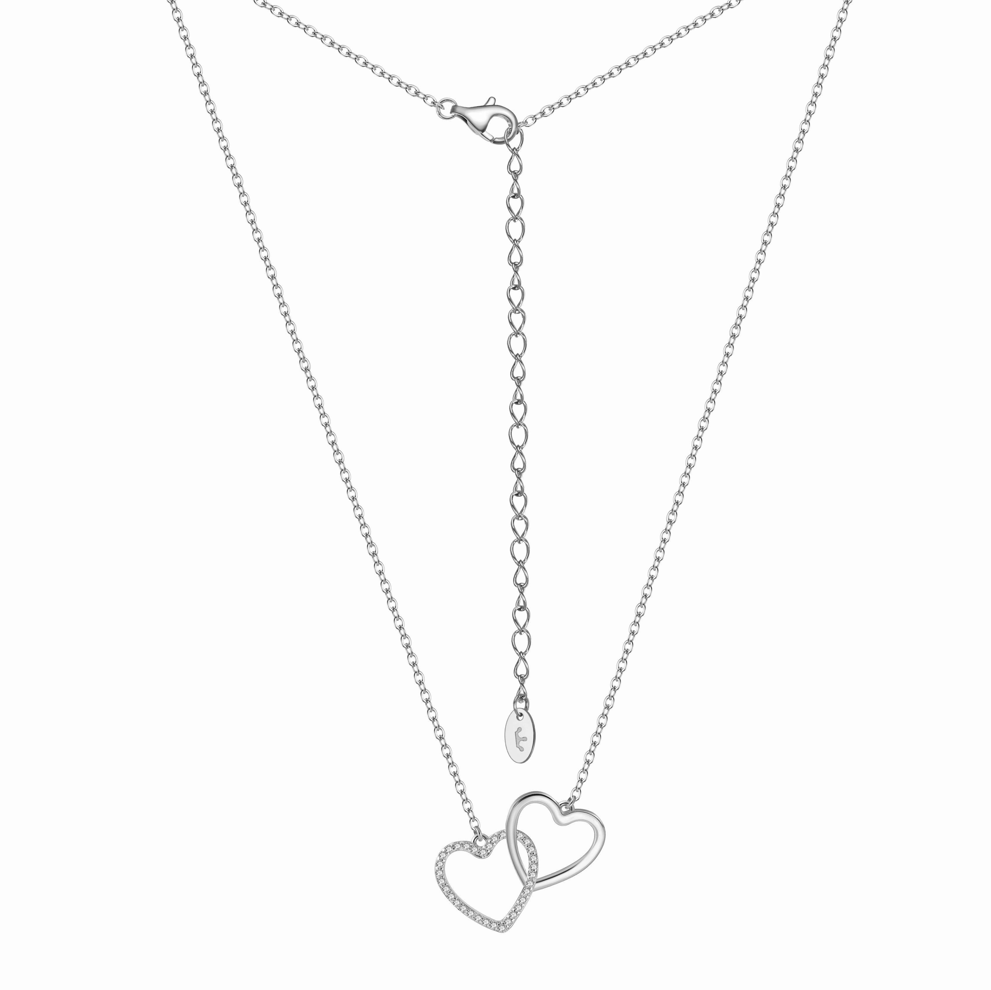 Sterling Silver Interlocking Micropave and Smooth Hearts Necklace Close Up