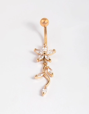 Gold Plated Surgical Steel Cubic Zirconia Flower Drop Belly Ring Distinctive Glow Sleek Radiance