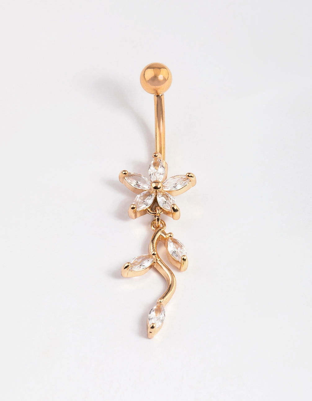 Gold Plated Surgical Steel Cubic Zirconia Flower Drop Belly Ring Distinctive Glow Sleek Radiance